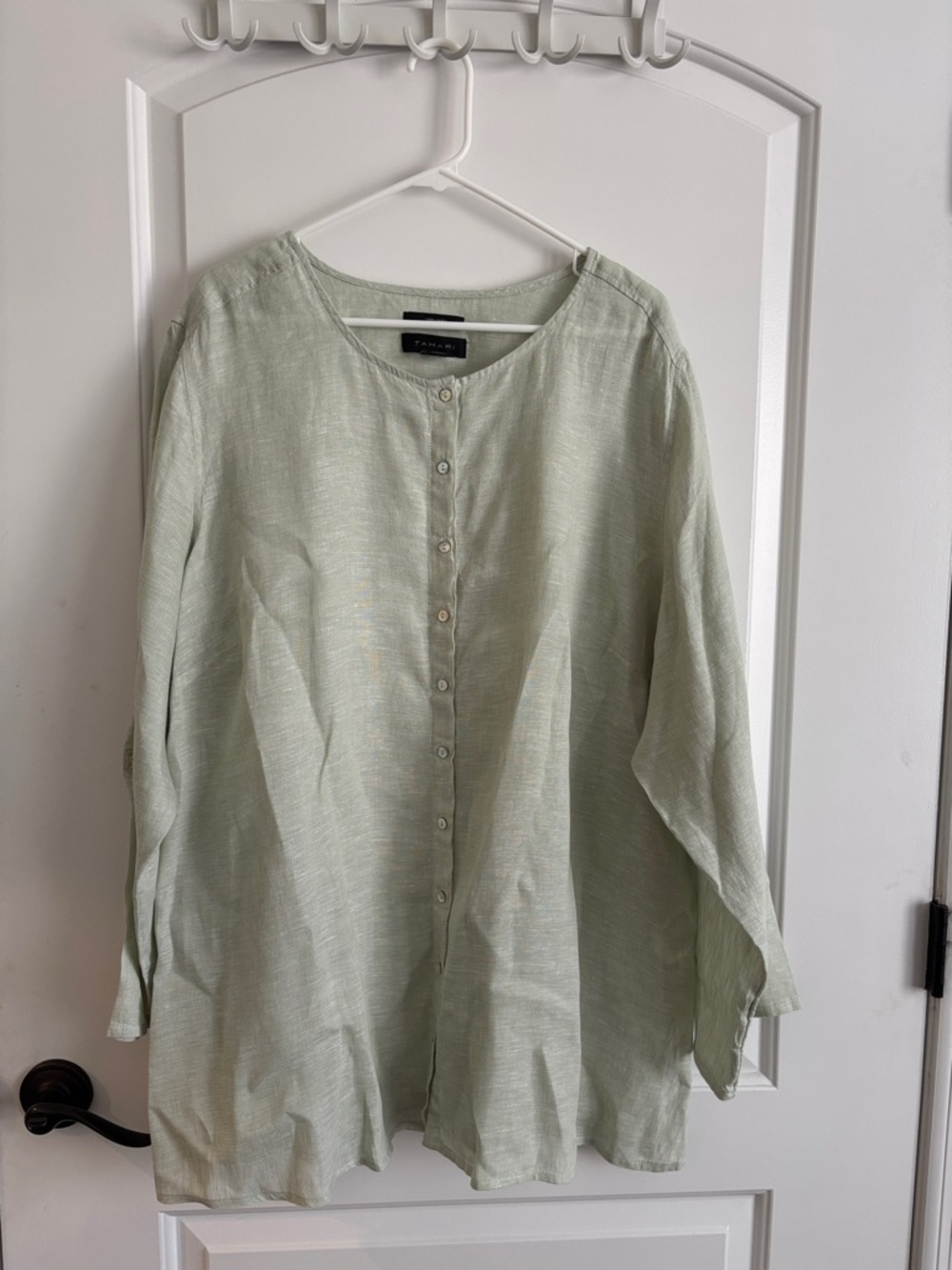 Tahari 100% Linen Button Down Blouse Women’s 3X Light Green Roll Tab Sleeve Top